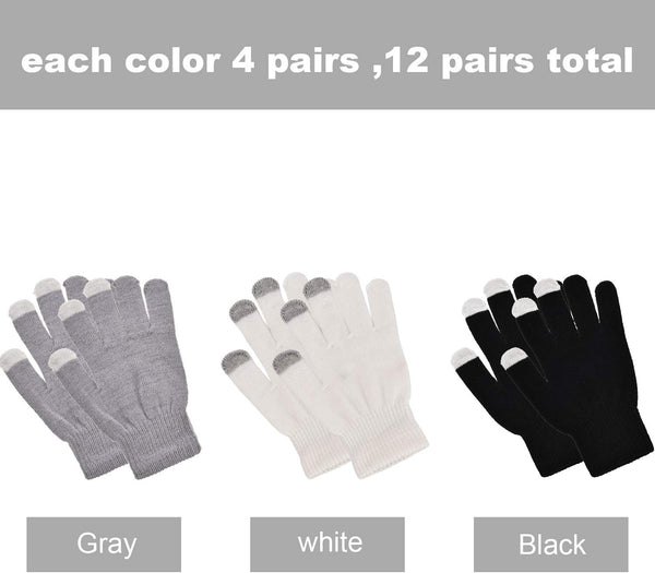 Pangda 12 Pairs Winter Touch Screen Gloves for Men Women Stretch Knitted Texting Gloves Warm Windproof Solid Color Mittens Black, White, Gray
