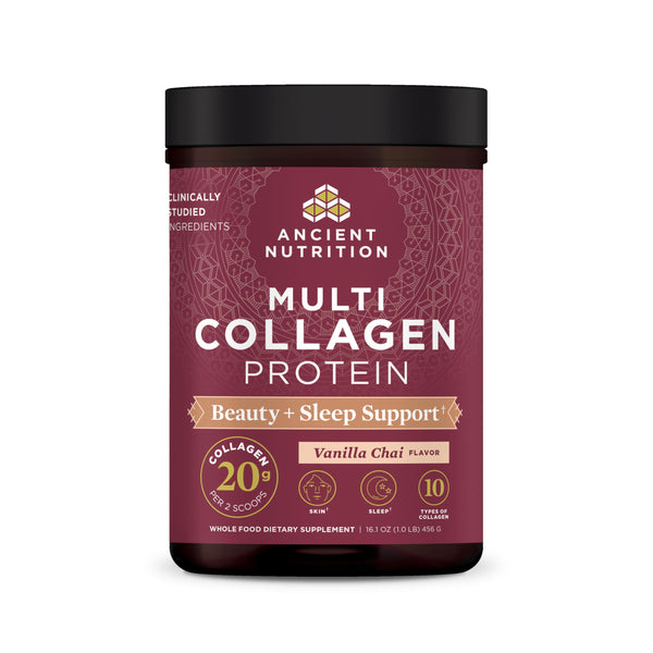 Ancient Nutrition Collagen Powder Protein, Multi Collagen Protein Beauty + Sleep with Vitamin C, Vanilla Chai, Hydrolyzed Collagen Peptides