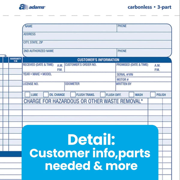 Adams Auto Repair Order Forms, 8.5 x 7.44 Inch, 3-Part, Carbonless, 50-Pack, White and Canary (GT3870) 50-Pack Repair Order Forms