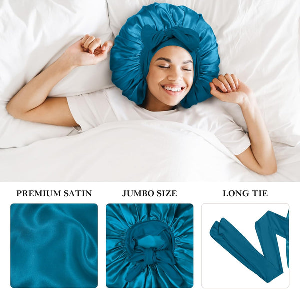 3Pcs Bonnets for Sleeping, Extra Satin Silk Bonnet for Sleeping Women with Tie Band for Curly Hair Jumbo Bonnet Braids A-06-Black+Peacock Blue+Purple