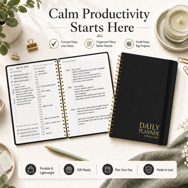 Daily Planner Undated - Simplified To Do List Notebook with Hourly Schedules, Spiral Appointment Organizer, 5.5" x 8.5", Easily Manage Your Tasks
