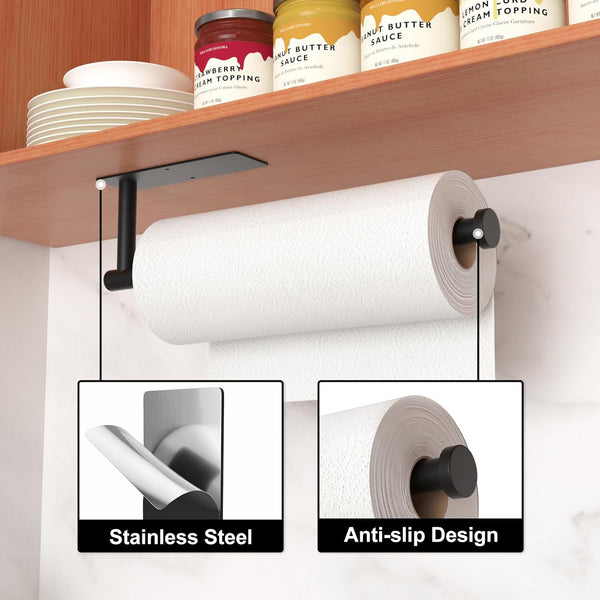 Paper Towel Holder - Self-Adhesive or Drilling, Matte Black Wall Mounted Rack - SUS304 Stainless Steel Kitchen Roll Dispenser under Cabinet