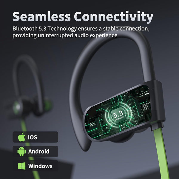 Bluetooth Headphones, Wireless Earbuds IPX7 Waterproof Bluetooth 5.3 Headphones with 16Hrs Playtime Stereo Bass Headsets with Mic Running Headsets