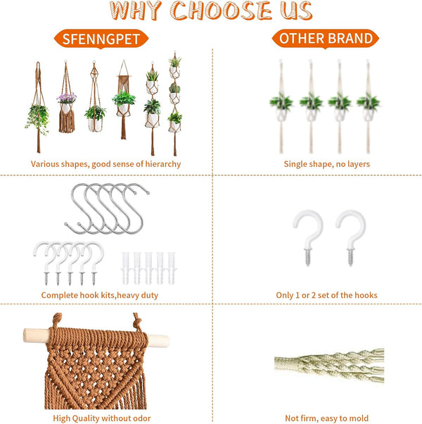SFENNGPET Macrame Plant Hangers, 6Pack Hanging Planters for Indoor Plants Caramel
