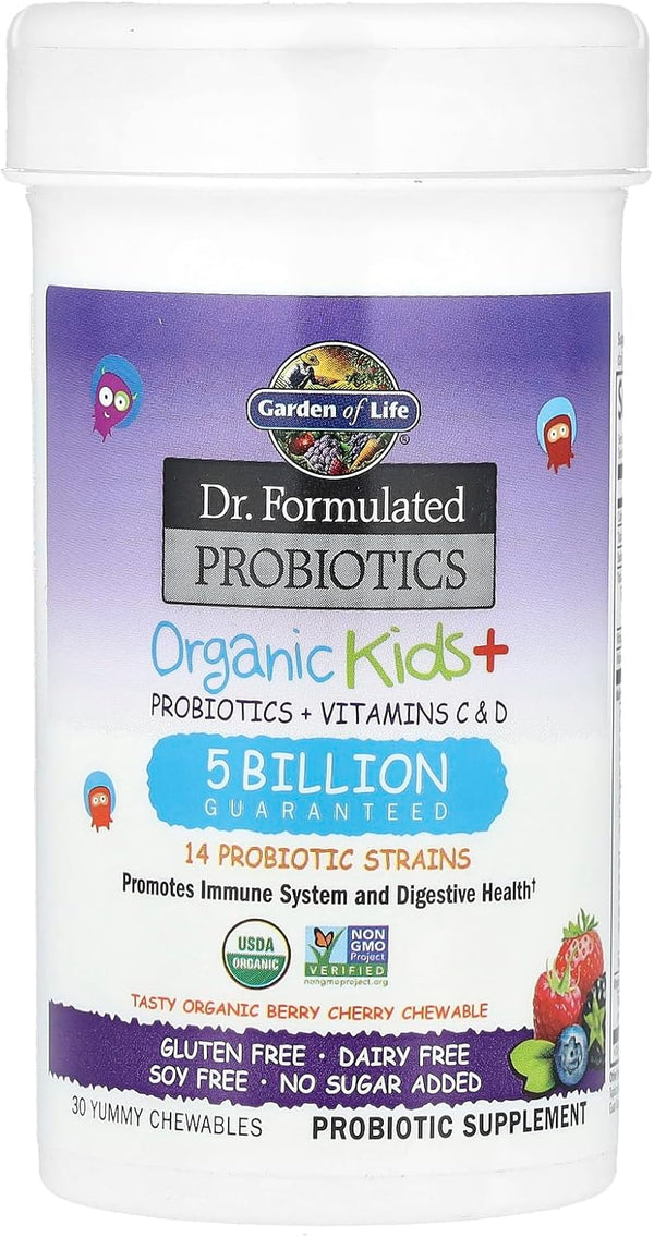 Garden of Life Dr. Formulated Probiotics Organic Kids+ plus Vitamin C & D - Berry Cherry - Gluten, Dairy & Soy Free Immune & Digestive Health