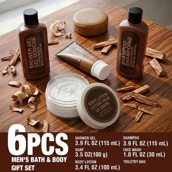 Gifts for Men 6pcs Sandalwood Gift Set Travel Size Toiletry with Shampoo, Body Lotion, Mens Gift Birthday Anniversary Gift Sets for Men, Christmas