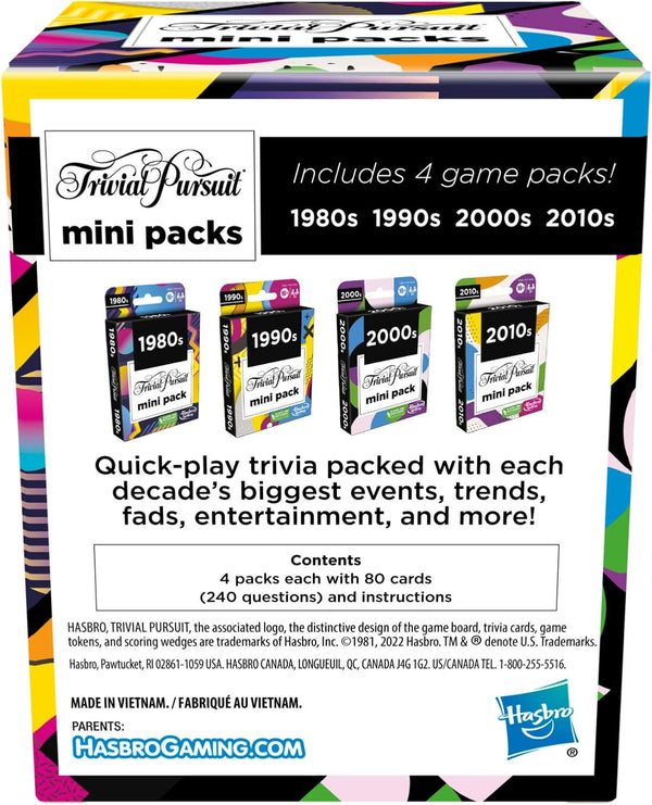 Hasbro Games Trivial Pursuit Mini Packs Multipack, Fun Trivia Questions for Adults and Teens Ages 16+, Includes 4 Game Featuring 4 Decades