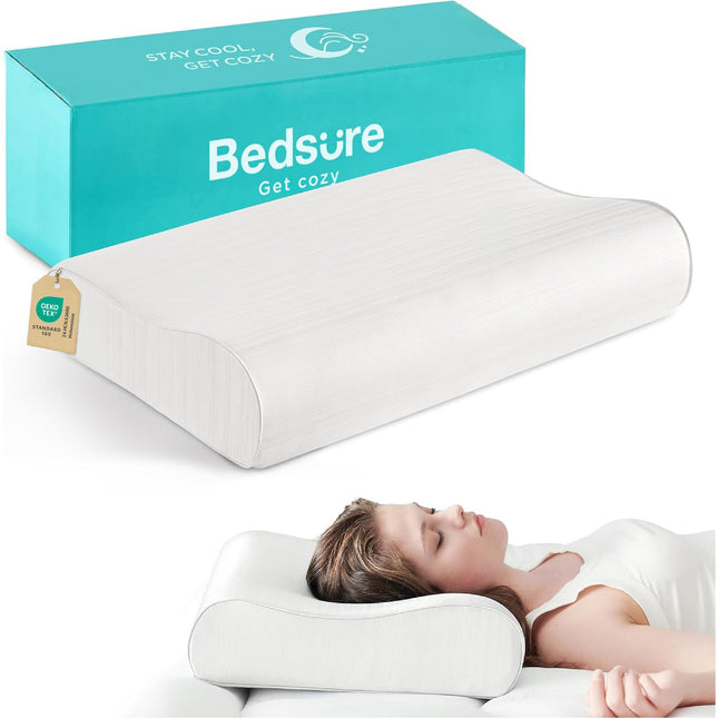 Bedsure Cervical Neck Pillow for Sleeping, Odorless Memory Foam with Cool-Touch Ice Pillowcases, Ergonomic Contour Pain 
