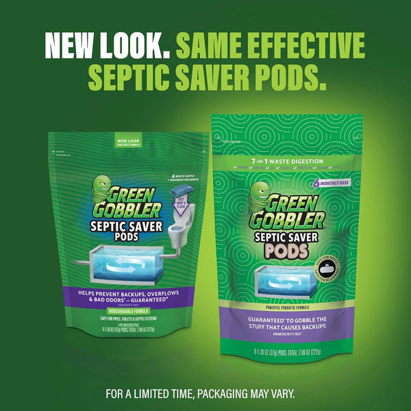 Green Gobbler Septic Tank Enzyme Treatment Packets, 6 Month Supply - Powerful & Natural Bacteria to Prevent Costly Septic Issues, Back-Ups 6 Pods