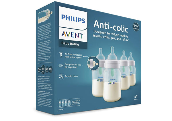 Philips Avent Anti-Colic Baby Bottle with AirFree Vent, Medium Flow 2 Nipple, 1m+, 9oz, 4 Pack, Clear, SCY703/04 Clear 4 Count (Pack of 1) 9 Ounce