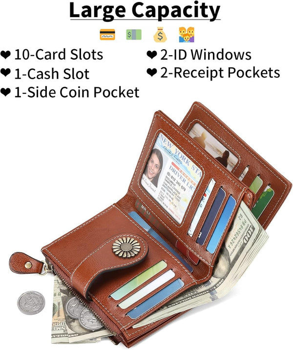 SENDEFN Small Womens Wallet Leather Bifold Card Holder RFID Blocking with Zipper Coin Pocket