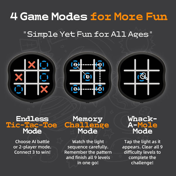 4 in 1 Electronic Tic Tac Toe Game, Handheld Digital Bolt Game with Whack a Mole, Memory Flash, Silent Mode, Portable Travel Game for Kids and