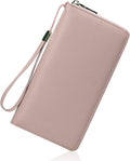 GOIACII Womens Wallet RFID Blocking Leather Zip Around Wallet Large Capacity Long Purse Credit Card Clutch Wristlet A02 Pink
