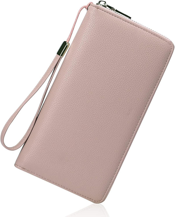 GOIACII Womens Wallet RFID Blocking Leather Zip Around Wallet Large Capacity Long Purse Credit Card Clutch Wristlet A02 Pink