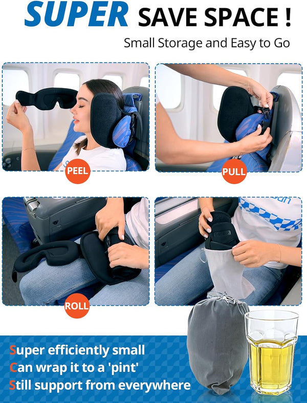 SARISUN Airplane Travel Pillow for Different Heights, Stable Head Support Black Airplane Seats with Headrest