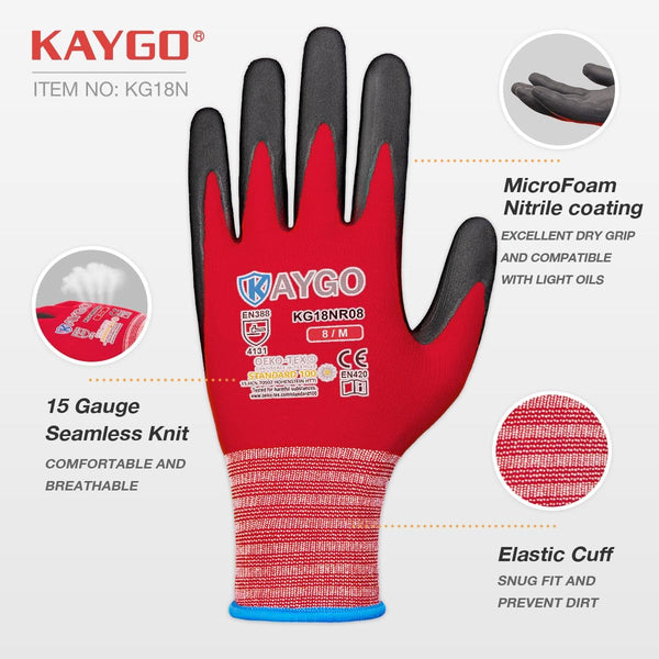 KAYGO Safety Work Gloves Microfoam Nitrile Coated-3 Pairs, Kg18Nb,Seamless Knit Nylon Glove with Black Micro-Foam Nitrile Grip,Ideal for General