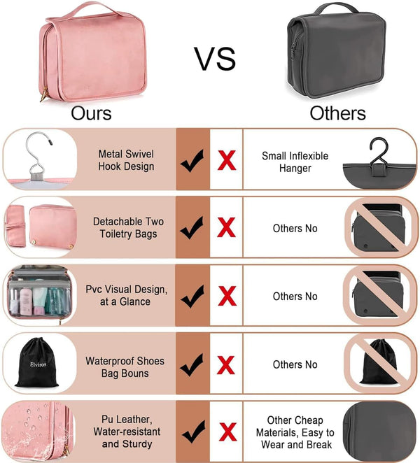 Elviros Hanging Travel Toiletry Bag for Women, 3-in-1 Large Makeup Bag and Cosmetic Organizer, Vegan Leather Waterproof Skincare Case for Travel