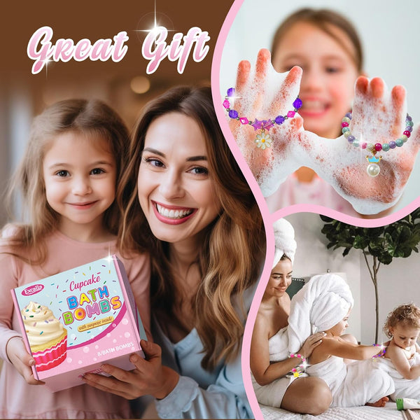 Bath Bombs for Kids with Surprise Jewelry Inside, 8 Cupcake Bath Bombs for Girls Gift Set, Handmade Fizzes Balls with Rich Bubble Bath, Ideal for