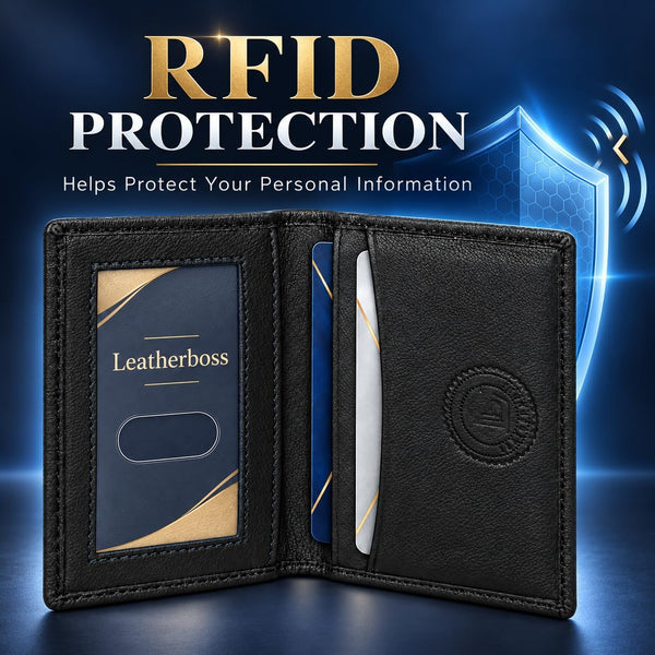Leatherboss Genuine Leather Small Slim Bifold Wallet | Credit, Debit, ID Card Holder | Compact & Stylish with Clear ID Windows | Gift for Men, Black