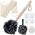 8Pack Bath Brush Set -Shower Loofah Sponge with Long Handled,Natural Loofah Exfoliating Back Scrubber for Shower, Luffa Pouf,Scalp Massager and 4
