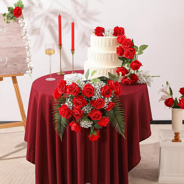 Hawesome 12PCS Artificial Silk Flowers Realistic Roses Bouquet Long Stem for Home Wedding Decoration Party (Red, 6 Flowers 6 Buds) Red 6 Flowers 6