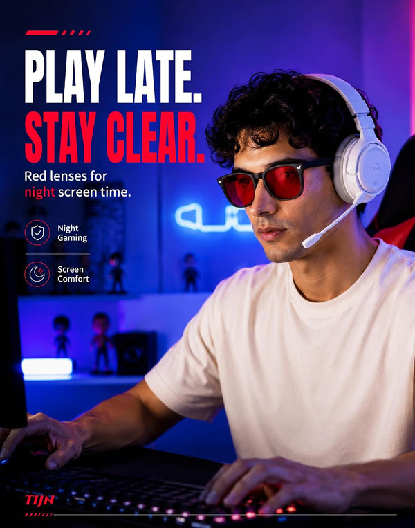 TIJN Sleep Glasses with Blue Green Light Blocking, Red Light Lens for Computer Gaming, Screen Fatigue & UV Protection Black Red