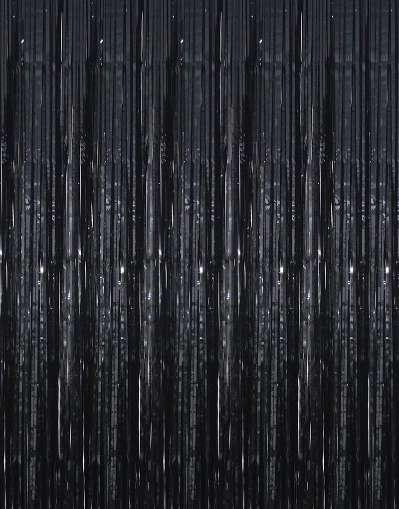 GOER 3.2 ft x 9.8 ft Black Photo Backdrop Party Streamers for Halloween,Birthday Party,1 Pack Black Metallic Tinsel Foil Fringe Curtains Party