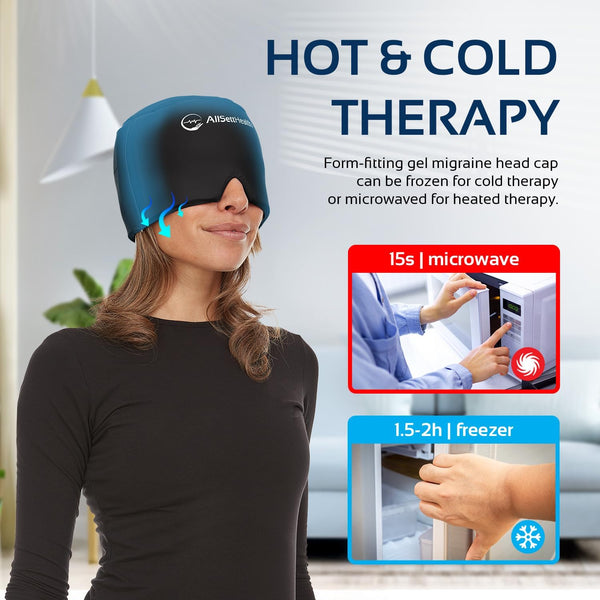 Migraine Relief Cap Ice Head Wrap and Hat | Hot/Cold Gel Pack with Face and Eye Mask Compress for Headache Relief - Black - FSA HSA Eligible