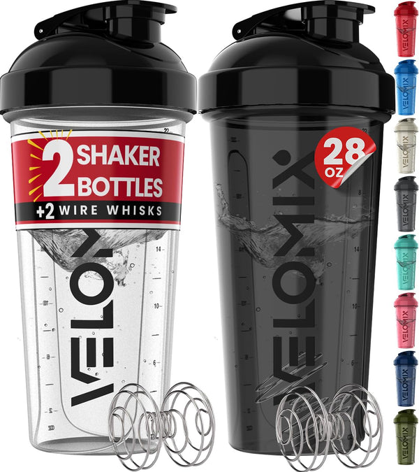 VELOMIX -2 Pack- 28 oz Protein Shaker Bottles for Protein Mixes - 2x Wire Whisk | Leak Proof Shaker Cups for Protein Shakes | Protein Shaker