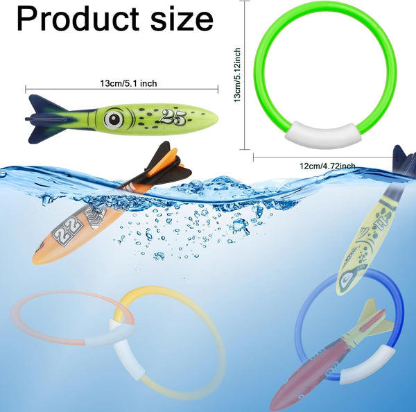 8 Pack Pool Toys, Shark Underwater Training Pool Diving Rings & Torpedo for Kids Ages 4-12, Summer Swim Water Fun Multicolored