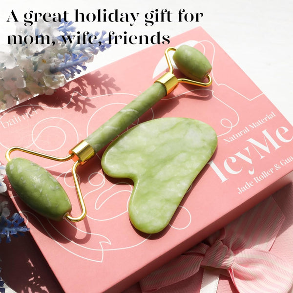 BAIMEI Icyme Gua Sha & Jade Roller Facial Tools Face Roller and Gua Sha Set for Puffiness and Redness Reducing Skin Care Routine, Self Care Gift