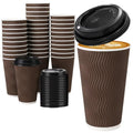 16 oz Insulated Disposable Paper Coffee Cups with Lids 50 Pack | Triple Ripple Wall Reduces Heat Transfer, Brown To Go Coffee Cup For Hot