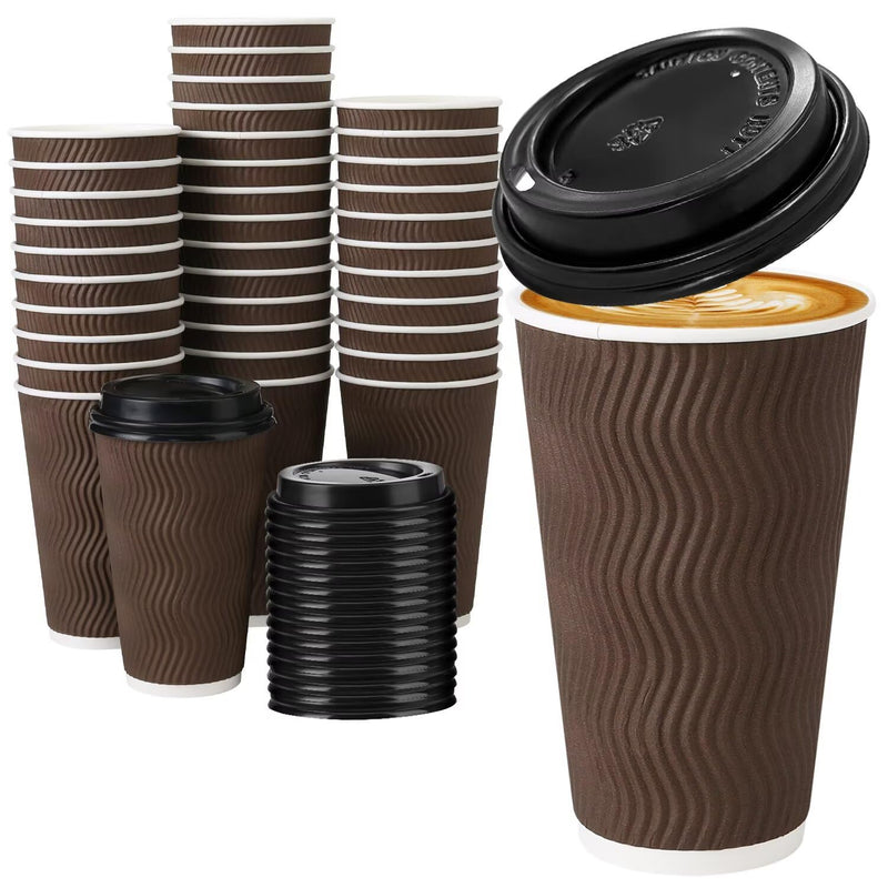 16 oz Insulated Disposable Paper Coffee Cups with Lids 50 Pack | Triple Ripple Wall Reduces Heat Transfer, Brown To Go Coffee Cup For Hot
