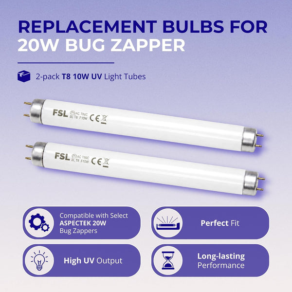ASPECTEK 20W Bug Zapper Replacement Bulbs, 10W T8 UV, 2-Pack