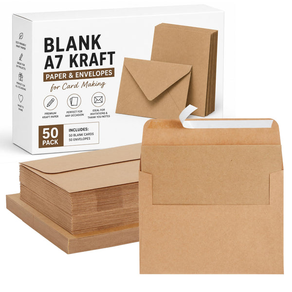 Best Paper Greetings Blank A7 Kraft Brown Paper & Envelopes for Card Making - 5 x 7 in & 5.25 x 7.25 in, 50 Pack, Brown - Bulk Blank Notecards