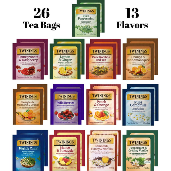 Twinings Herbal Tea Variety Pack - 26 Individually Wrapped Herbal Tea Bags Variety Pack Sampler, 13 Flavors, Caffeine Free (1 Count (Pack of 26))
