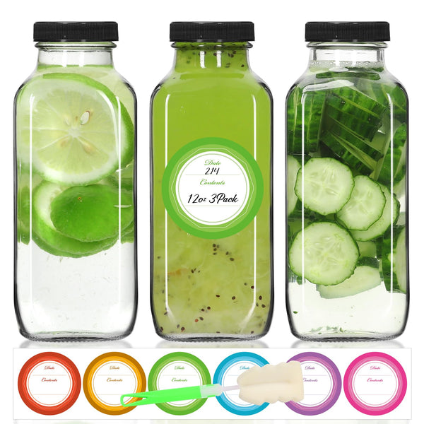STARSIDE 12 Oz Glass Juice Bottles with Lids,3 Pack Reusable Glass Drink Bottles,360Ml Water Bottles for Milk,Juicing,Kombucha,Ginger,Beverage