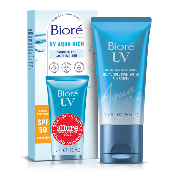 Biore UV Aqua Rich Moisturizer SPF 50 Facial Sunscreen, 1.7 fl oz | Oil-Free Daily Face Sunscreen, Hyaluronic Acid, Lightweight, Non-Comedogenic,