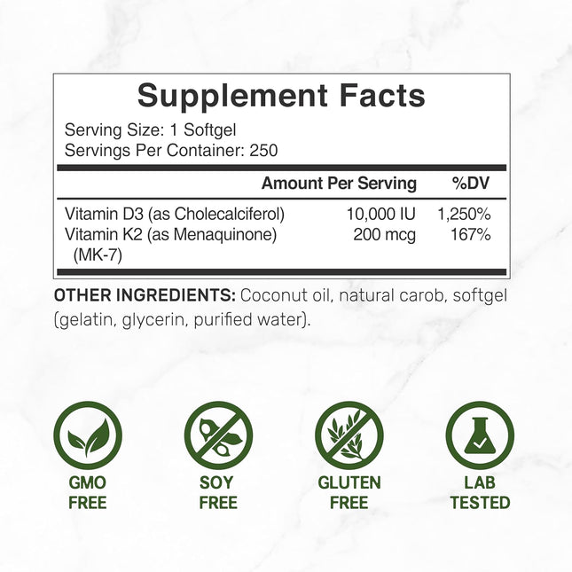 DEAL SUPPLEMENT Vitamin D3 10,000 IU + K2 MK7 200 Mcg, Infused with Virgin Cocon