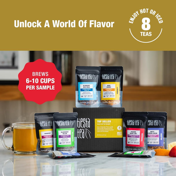 Tiesta Tea - Top 8 Favorites Sampler Set, Loose Leaf, Up to 80 Cups, High to No Caffeine, Hot & Iced, Tea Variety Pack with Green, Herbal, &