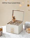 SONGMICS GISELLA Collection - Jewelry Box Organizer with Glass Lid, 4-Layer Jewelry Storage, with 3 Drawers, Modern Style, 8 x 9.1 x 6.5 Inches,