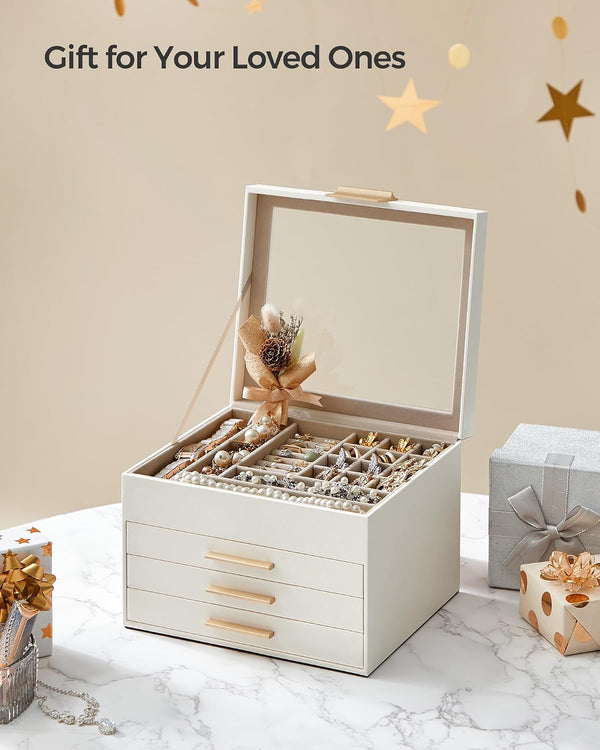 SONGMICS GISELLA Collection - Jewelry Box Organizer with Glass Lid, 4-Layer Jewelry Storage, with 3 Drawers, Modern Style, 8 x 9.1 x 6.5 Inches,
