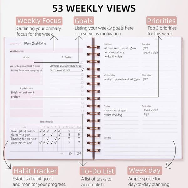 Undated Weekly and Monthly Planner Spiral Bound- Weekly Goals Notebook, To Do List, Habit Tracker Journal, Academic, Aesthetic, Stylish School or