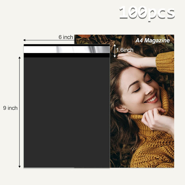 Black Poly Mailers 6x9 Inch 100 Pcs, Strong Adhesive Shipping Bags for Clothing, Self-Sealing and Waterproof Mailing Envelopes, Privacy Protected