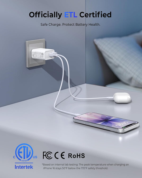 3-Pack USB C Wall Charger, 20W Durable Dual Port QC+PD 3.0 Power Adapter, ETL Certified Type C Fast Charging Block for iPhone 14/15/16/17 Pro/Pro