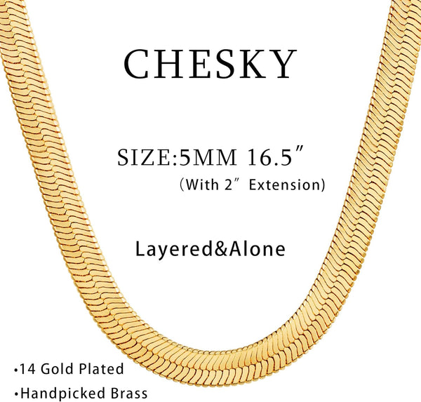 CHESKY Gold Necklace for Women-14K Plated Sterling Silver Snake Chain Necklace Dainty Simple Chunky Herringbone Necklace Choker Necklaces Jewelry