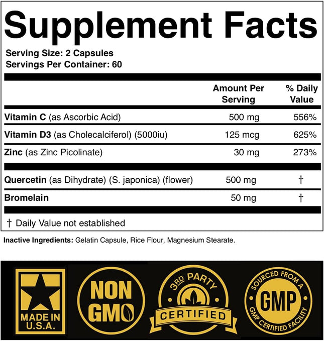 Zinc Quercetin 500Mg with Vitamin C Vitamin D3 Bromelain Immune Support High Pot