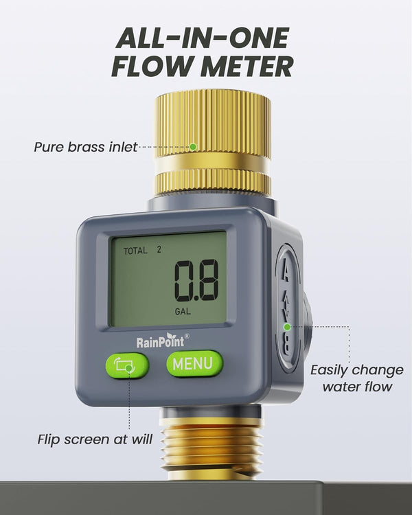 RAINPOINT Water Flow Meter with Brass Inlet & Outlet, 180° Screen-Flip Water Meter, Measure Gallon/Liter Consumption for RV Filling, Garden