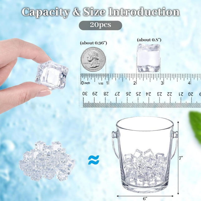 Domestar Fake Ice Cubes, 20 PCS 0.8" Plastic Ice Cubes Acrylic Square Clear Rock Diamond Crystals Display for Photograph