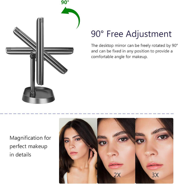 deweisn Trifold Lighted Vanity Makeup Mirror with 21 LEDs Lights,1x/2x/3x Magnification and Touch Screen Dimming,Two Power Supplies Makeup Mirror,